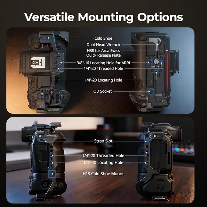 SmallRig R5 Mark II with Battery Grip BG-R20 Camera Cage for Canon, Three-Point Locking Full-Cage with Cold Shoe Mount, Quick Release Plate for Arca for Stabilizer and Tripod Shooting - 5623