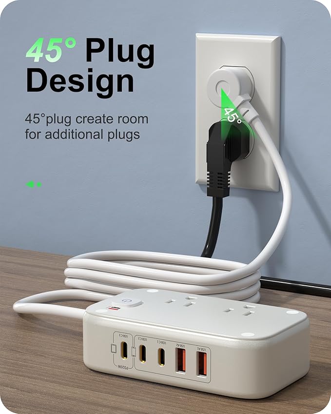 KWRNVO 5FT Portable USB C Power Strip Surge Protector PD 20W Flat Wall Plug Charger Multipl Outlets with 2500W AC Outlets, 3 USB-C Ports, 2 USB-A Ports for Home/Office/Travel