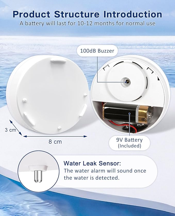 Geevon 8 Pack Water Leak Detectors, 100dB Water Sensor Alarms Flood Detector for Basements, Bathrooms, Laundry Rooms, Kitchens, Garages, and Attics, Water Alarms Battery-Operated (Battery Included)
