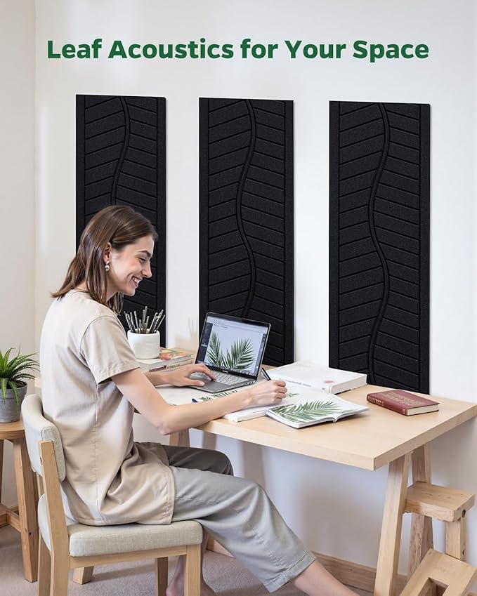 Topnaca 6 Pack Acoustic Panels Sound Absorbing for Home Office Walls, Black Decorative Self-Adhesive Leaf Textured Art Ceiling Tiles - Acoustical Treatments for Recording Studio Door 17"×12"×0.4"