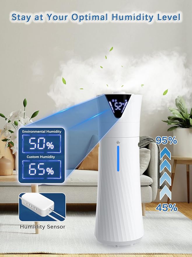 MONISEN 17L/4.5Gal Humidifier Large Room, Smart Quiet Ultrasonic Cool Mist Humidifiers for Bedroom, Covers 2000ft², 56H Runtime, 24H Timer, 3 Mist Modes Humidifiers for Home, Office, Plants, White