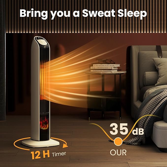 Zynkez 33" Space Heaters for Indoor Use Large Room, 1500W PTC Tower Fireplace Heater with 3D Flame, Room Heater w/Remote Control,12H Timer & Oscillation, Portable Electric Heaters for Bedroom, Beige