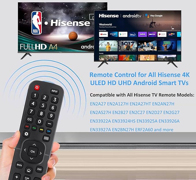 Replacement Remote Control for All Hisense 4K LED HD UHD Smart TVs (EN2A27), Fit for Hisense Android Smart TV EN2A27 EN2A127H EN2A27HT EN2AN27H EN2AS27H EN2B27 EN2C27