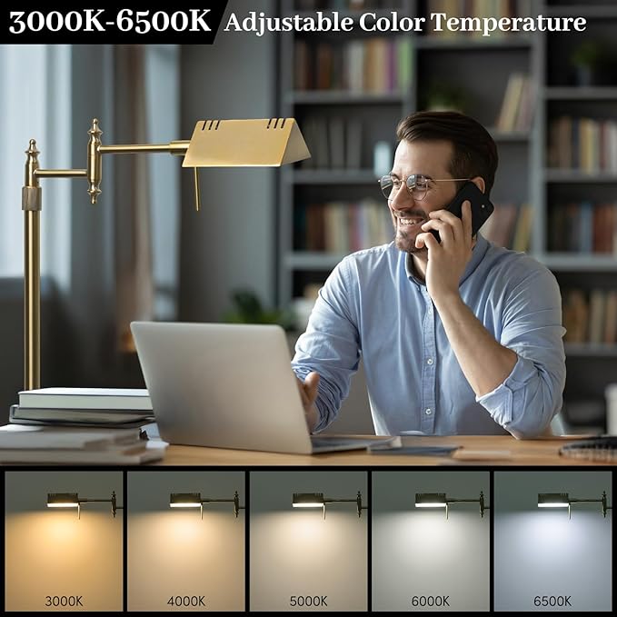Dimmable Pharmacy Floor Lamp with Remote, 17W Gold LED Reading Floor Lamp with 360°Swing Arm, 3 Color Temperature, Height Adjustable Standing Task Lamp for Living Room, Bedroom, Office, Antique Brass