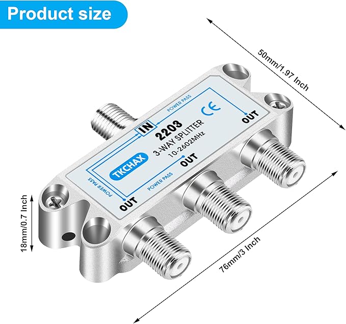TKCHAX 3 Way Coaxial Cable Splitter,Support 10-2602MHz, RG6 Compatible, Nickel-Plated for Cable Splitter,Work with CATV, Satellite TV,Antenna System and MoCA Configurations