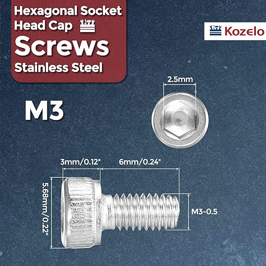 Kozelo 50pcs Socket Head Cap Screws - [M3-0.5 x 6mm] 304 Stainless Steel Allen Socket Drive for Electrical Motor 3D Printing Fan Engine Replacement Use, Silver