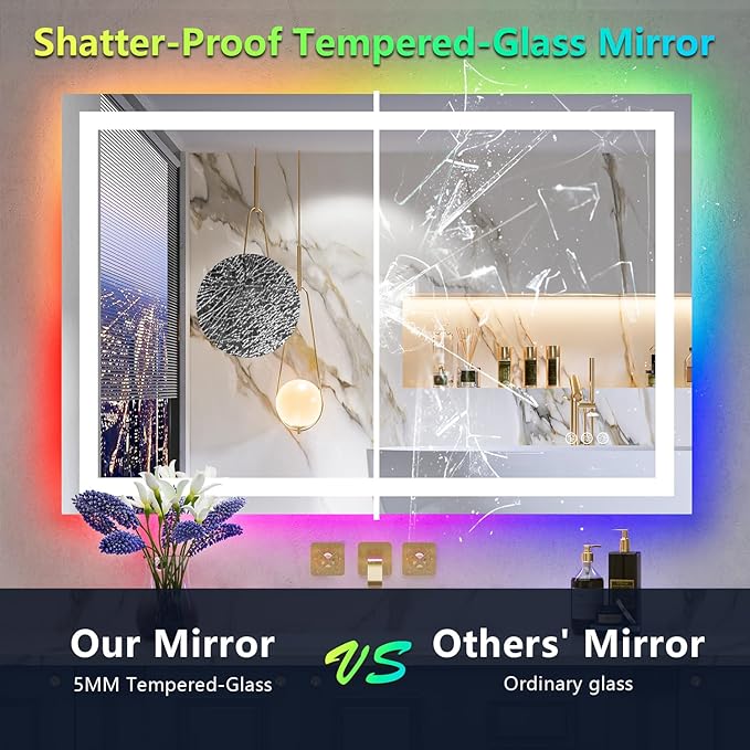 YEELAIT 48x36 Inch RGB LED Bathroom Mirror Front Light and RGB Backlit Lighted Vanity Mirror for Bathroom Wall Mounted Dimmable Anti Fog Memory Shatter-Proof IP54 Waterproof Horizontal/Vertical