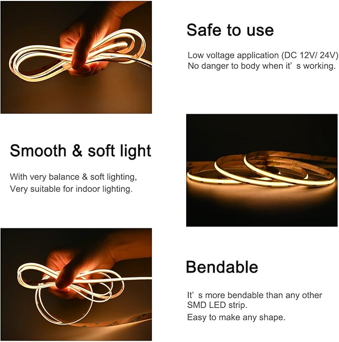 TUNICHX COB LED Strip Lights UL Listed DC 24V LED Lights Flexible Super Bright LED Strips,16.4ft 3000K Warm White,CRI 90+,2400LEDs High Density Uniform Light fo Home Room Décor