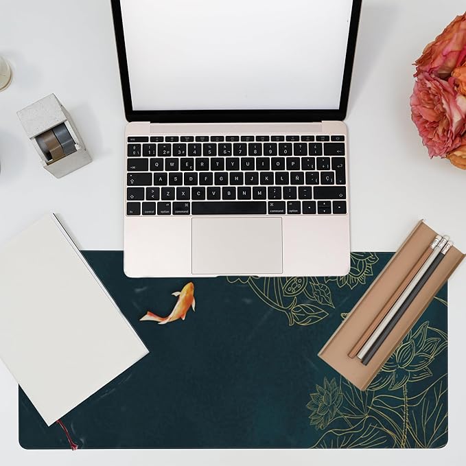 Eflxamz Large Gaming Mouse Pad, Koi Fish Ink Painting Desk Mat, Golden Line Lotus Desk Pad, Extended Big Computer Keyboard Mouse Pad with Non-Slip Base and Stitched Edge, 35.4"x15.7"