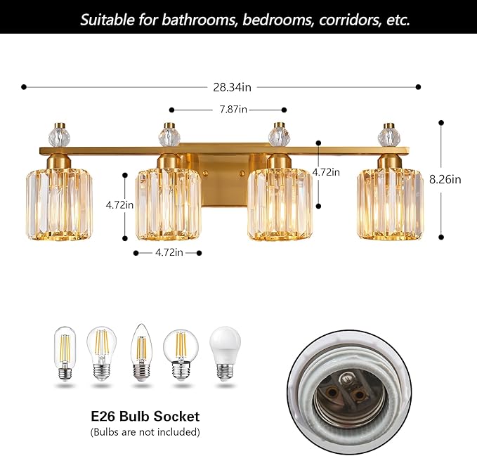 FDPBY Bathroom Vanity Lights 4-Light Gold Modern Crystal Vanity Light Fixtures Over Mirror Crystal Bathroom Vanity Lighting Fixtures