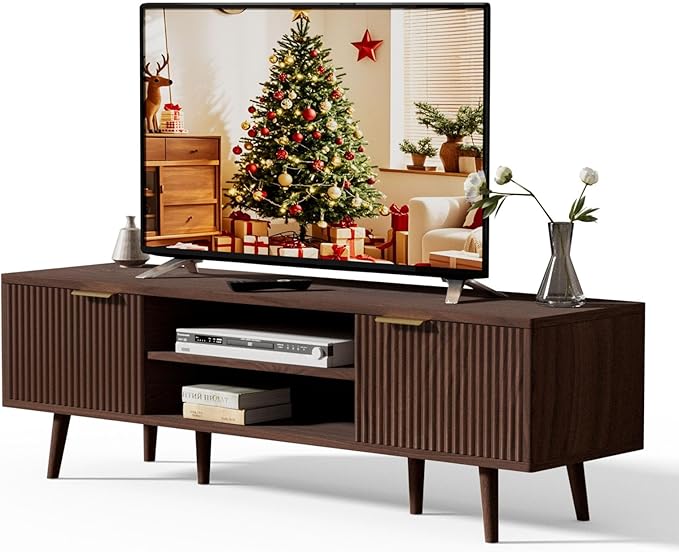 YLGJ&TIDY Modern Wood TV Stand Up to 60'',Universal Entertainment Center with 3-Tier Shelves,TV Console with Cabinets Storage,Wood Frame Television Stand (Brown)