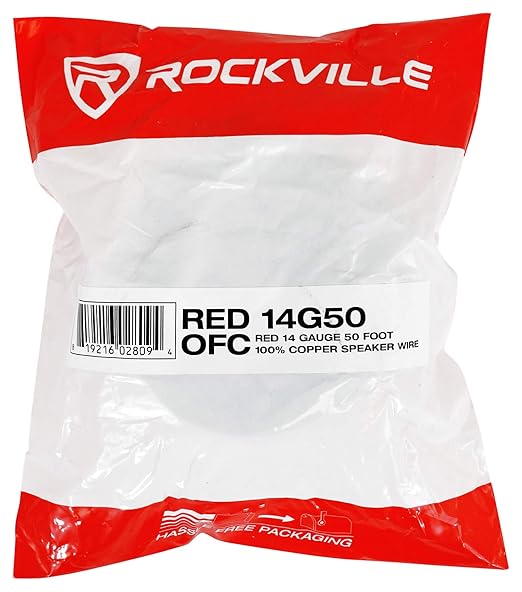 Rockville RED 14G50 14 Gauge 50 Ft Speaker Wire, 100% OFC Copper, Marine Grade, Tinned for Corrosion Resistance, Flexible, for Car, Marine, and Home Audio