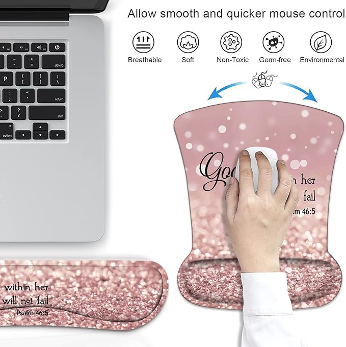 Ergonomic Mouse Pad Wrist Support and Keyboard Wrist Rest Set with Coasters, Non-Slip PU Base, Easy Typing and Relieve Wrist Pain, Perfect for Home Office Working Studying, Bible Verse Psalm 46:5