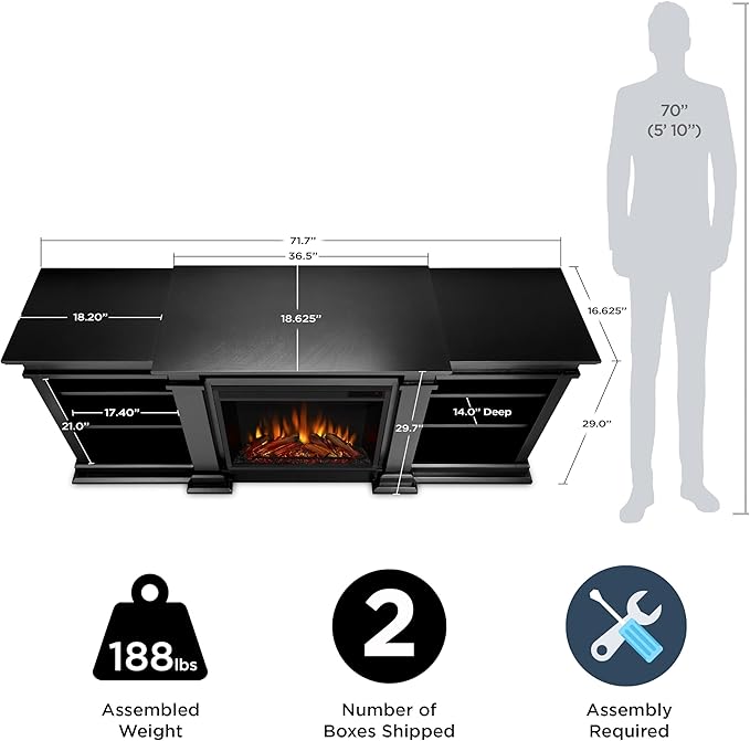 Real Flame Fresno 72" TV Stand with Electric Fireplace in Black, Entertainment Center with Electric Fireplace, Living Room TV Stand with Fireplace, fits up to 70" TV