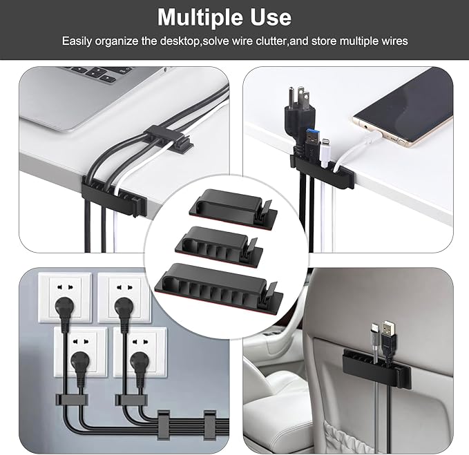 Halsouy Cable Management Clips, 20Pcs Cord Organizers Wire Clips Cord Holder for TV PC Ethernet Cable Desk Home Office (Black)