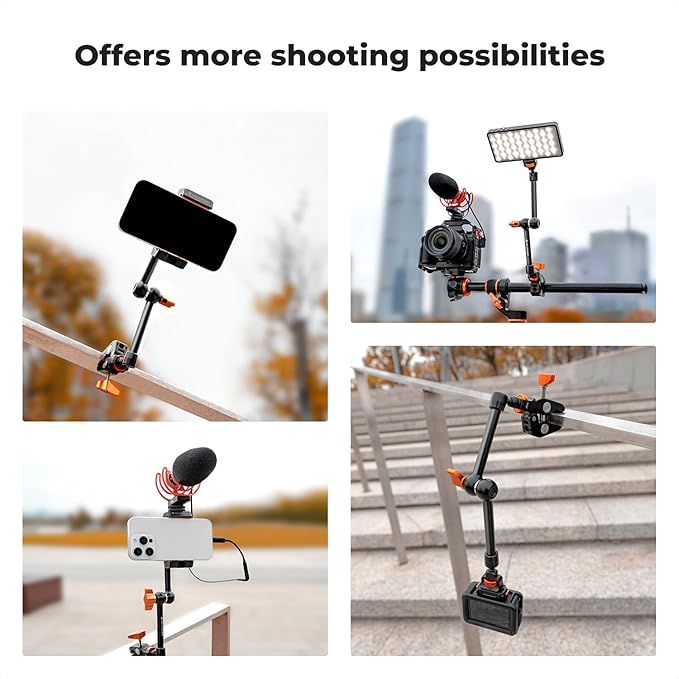 K&F CONCEPT 11" Magic Arm Clamp Kit with ARRI 1/4" & 3/8" Thread Screw, 360° Ball Heads Arm with Clamp Mount for DSLRs, Camera Cage, Monitor, LED Light, Webcam, Action Camera