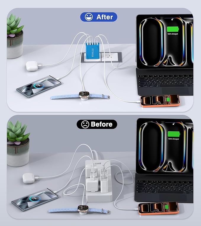 [60W/2Pack] Wall Charger, USB C Charger Block, 5-Port PD + QC 3.0 Fast Charging Power Plug Adapter Brick for Watch Series 10 9 8 7, for iPhone 17 16 15 14 13 Pro Max Airpod, Samsung Galaxy S25(Blue)