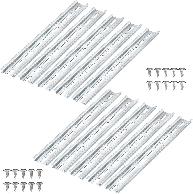 VAMRONE 10 Piece Aluminum DIN Rails, 12 Inches Long, 35mm Wide, 7.5mm High, Top Hat Slotted DIN Rail with RoHS, Extra Premium Screws Included for Hardware Components Mounting