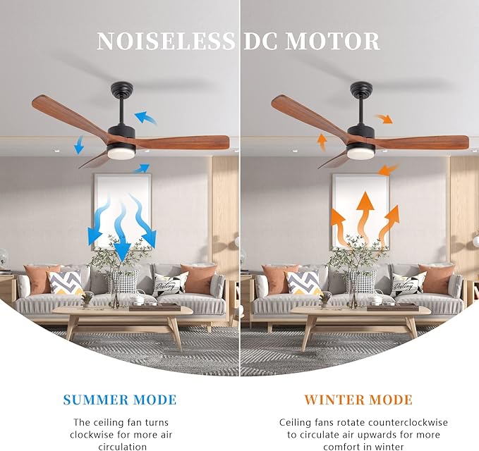 revoici 52 Inch Solid Wood Ceiling Fans With Lights, Low Profile Ceiling Fan with Light and Remote, Reversible DC Motor, Indoor Outdoor 3 Blade Ceiling Fan Light for Bedroom Living room Farmhouse