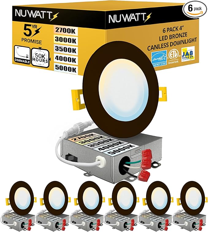 NUWATT 6 Pack 4 Inch Ultra-Thin Bronze LED Recessed Lighting, 5CCT 2700K/3000K/3500K/4000K/5000K Selectable, 630 Lumens, IC Rated, Dimmable Canless Wafer Light, Slim Panel Light, Metal J-Box, ETL