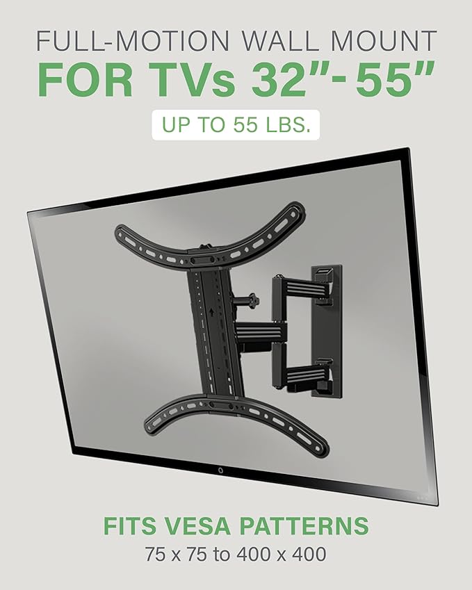 SANUS Full Motion TV Mount - Single Stud 32 to 55 inch TV Wall Mount Tilts, Extends & Swivels - Easy DIY Install Includes All Hardware & Post Install Leveling - Great for Corners