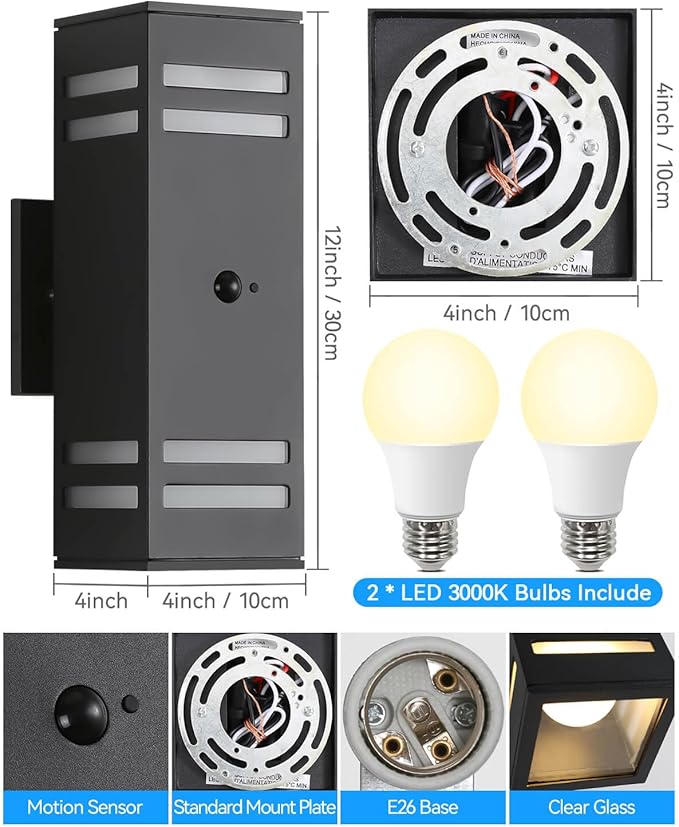 Zinola Motion Sensor Outdoor Lights, Modern Outdoor Wall Lights with E26 Base, Black Motion Detector Lights for Outside, Waterproof Sconce Exterior Lights for House Porch Front Door, Bulbs Included