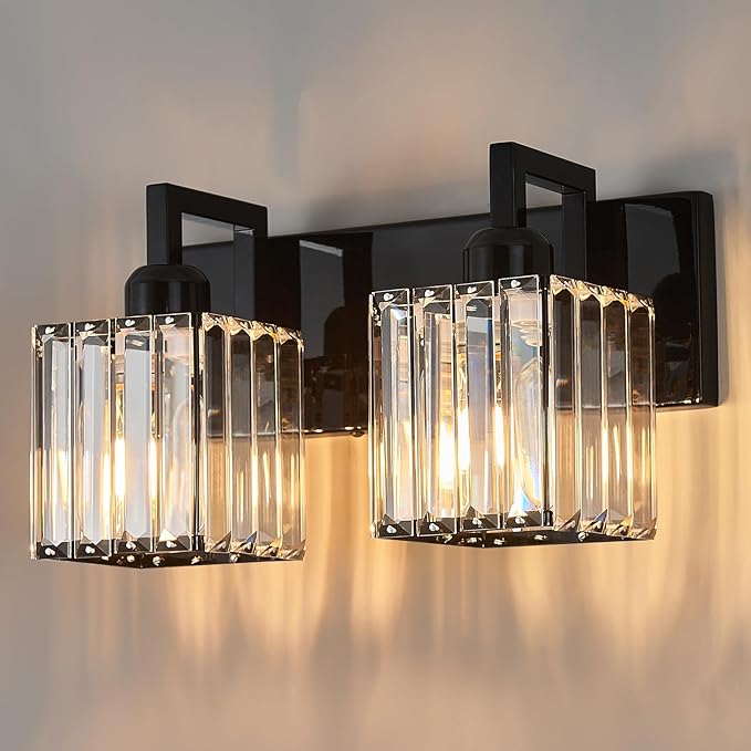 FDPBY Modern Bathroom Vanity Light 2-Lights Plating Black Vanity Light Crystal Wall Light Bathroom Light Fixtures