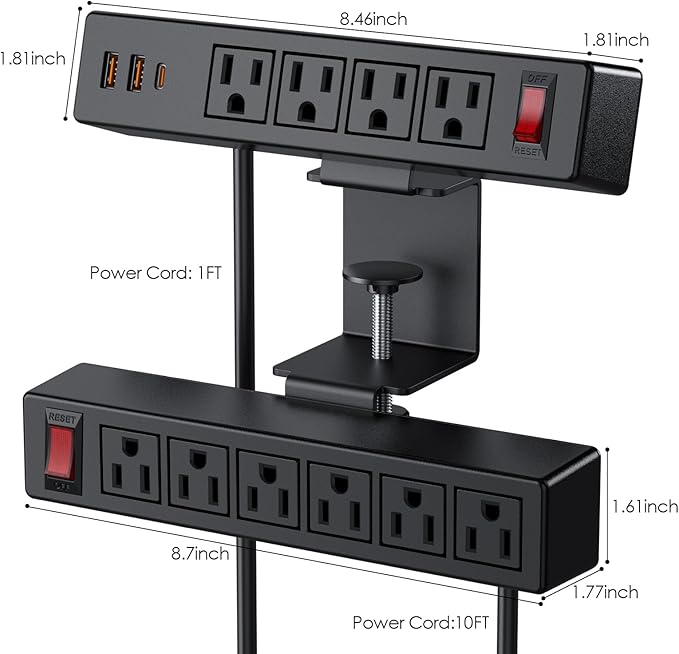 Desk Clamp Power Strip with PD20W USB-C, 2 in 1 Dual Layer Under Desk Power Strip, Removable Clamp Power Socket with 10AC Outlets & Switch, 10ft Extension Cord(ETL Listed)
