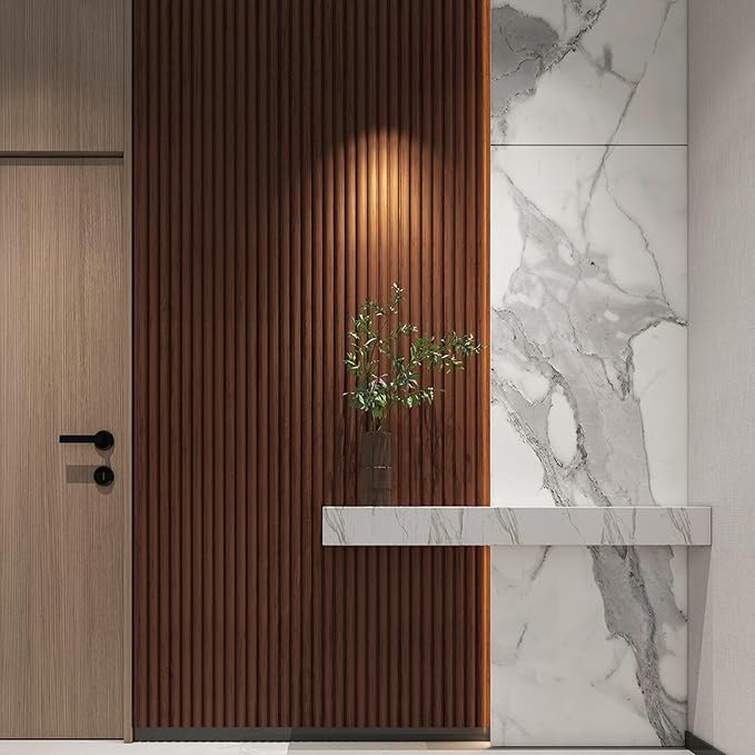 Art3d Fluted Wood Panel for Wall and Ceiling, Beaded Accent molding for Home Decoration, Pack of 4pcs + 1pc End-Trim, Size 108 x 5.7in.- Beaded Walnut