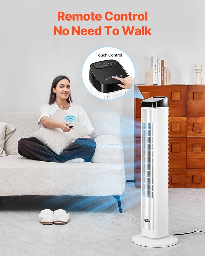 VEVOR Tower Fan, 22 ft/s Velocity Quiet Floor Fan, 70° Oscillating Fans for Indoors with 3 Speeds, 4 Modes, 12H Timer, Portable Standing Bladeless Fan with Remote Control for Bedroom, Office, Home