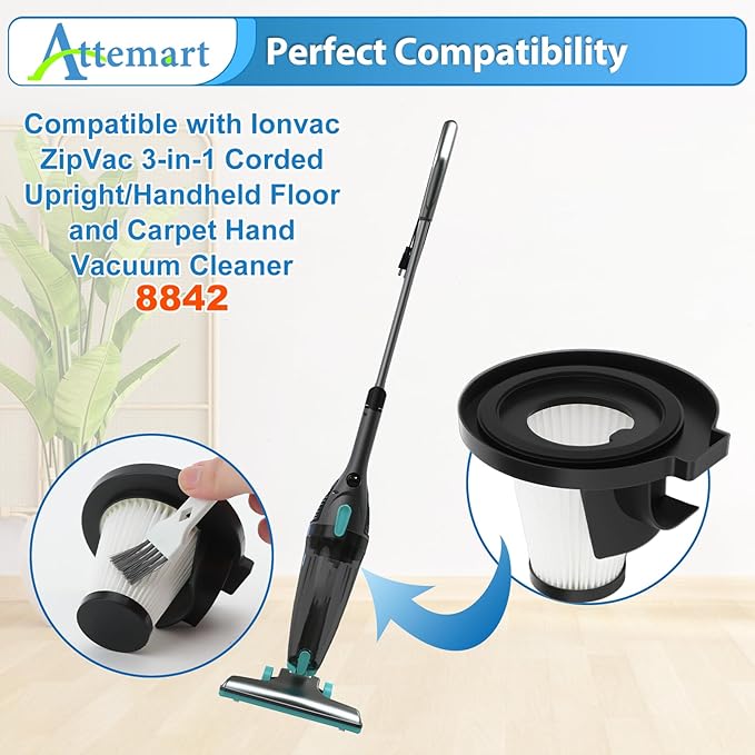 Attemart 6 Pack Filter Replacement Compatible with Ionvac ZipVac 8842 3-in-1 Corded Upright/Handheld Floor and Carpet Hand Vacuum Cleaner