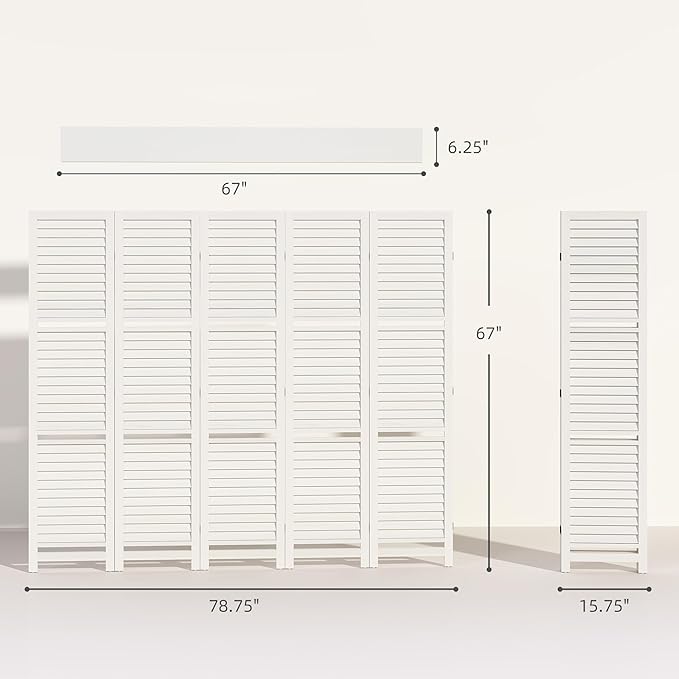 HOMCOM Room Divider, 5 Panel 67" Tall Wood Privacy Screen with 3 Display Shelves, and Folding Storage for Bedroom or Home Office, White