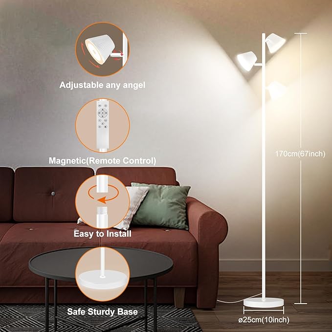 Pesken White 42W Tree Floor Lamp, Super Bright LED Standing Lamp with Remote, Modern Dimmable Floor Lamps,Individual Control, Rotable Head LED Lamp for Living Room Bedroom Office