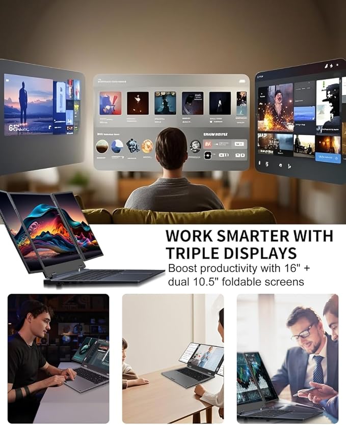 KOOFORWAY Triple Screen Laptop,16” Main + Dual 10.5” Monitors, Core i7-1270P, 32GB RAM,2TB SSD, Win 11 Pro,Wi-Fi 5,BT 5.0,Face & Fingerprint Unlock,USB-C,HDMI for Business/Design/Stock Trading