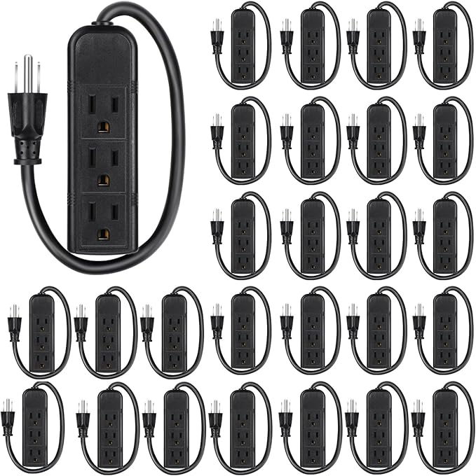 Copkim 20 Pack 3 Outlet Power Strip Extension Cord with Flat Plug Mini Cord 3 Ground Heavy Duty Mountable Outlets Strip for Computer Phone Home Office (1 ft,Black)