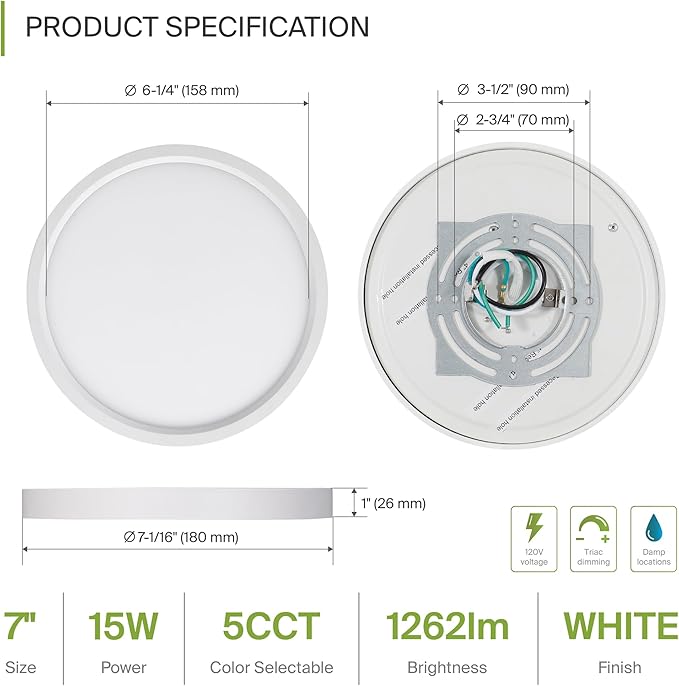 ASD LED 7" Round Flush Mount Ceiling Light Fixture, Low Profile Surface Lighting | 5CCT, Dimmable, Ultra-Thin, ETL Listed | 15W 1260LM 2700-6000K 120V | Kitchen, Bedroom, Hallway Lamp | White, 12 Pack