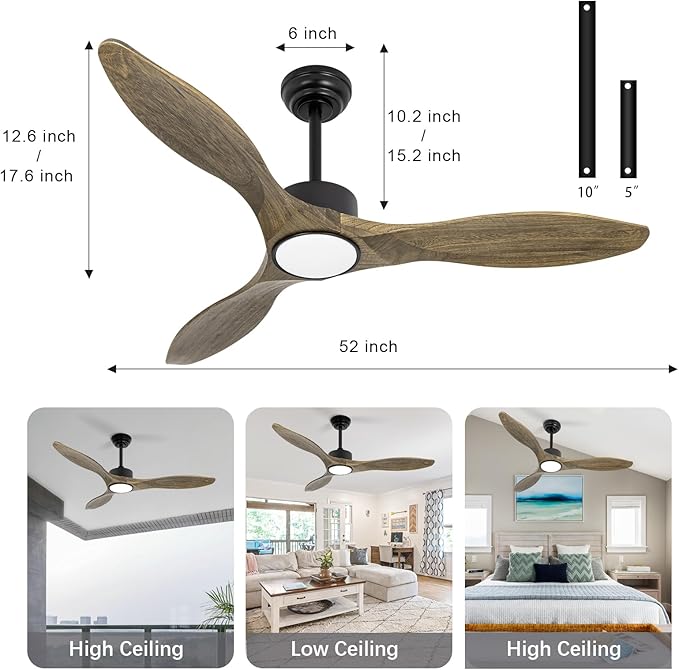 revoici Ceiling Fans with Lights Remote, 52inch Solid Amber Wood Ceiling Fan, 3 Blades Reversible DC Motor 3CCT Dimmable Lighting 3-Timer for Living Room Bedroom Farmhouse Patio