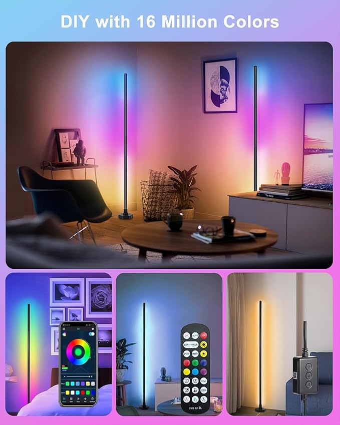 Bcmsda RGB LED Floor Lamp, RGB LED Corner Lamp with Music Sync, Remote Control Color Changing Ambience Light, 16 Million DIY Colors Timer Setting for Living Rooms, Bedrooms and Gaming Rooms