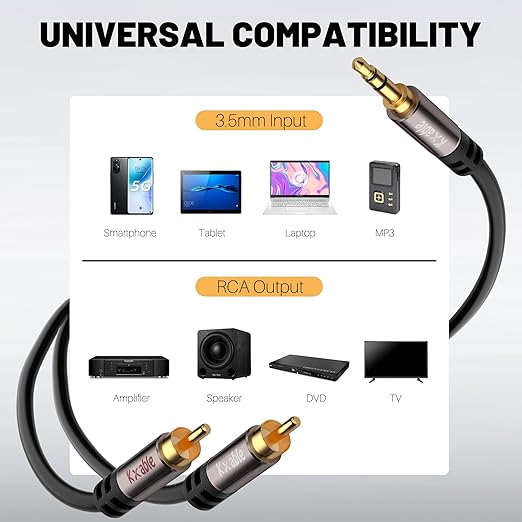 3.5mm to RCA Cable 50FT, 2 Male RCA to Aux Stereo Audio Adapter, Hi-Fi Sound Auxiliary Y Splitter Cord, Shielded 1/8 to 2RCA Cable for Headphone, MP3, Tablet, Speaker, HDTV, Phone and More