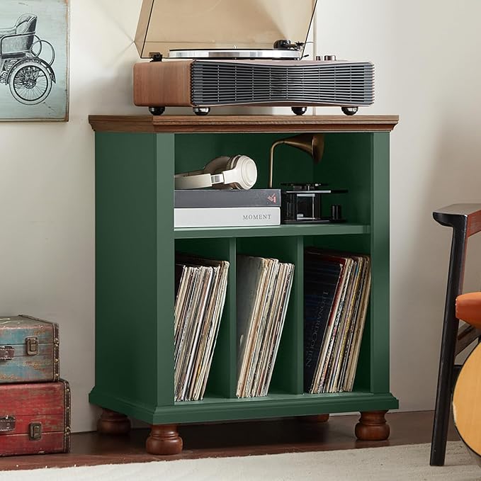 Joaxswe Record Player Stand with Vinyl Record Storage, 24" Wide Mid-Century Record Player Table Up to 200 Albums,Large Wood Turntable Stand Cabinet Dispaly Shelf for Living Room,Bedroom,Green