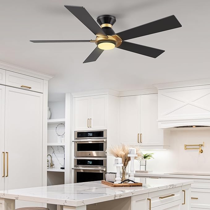 SMAAIR 52 Inch Smart Ceiling Fan with Light and Remote, Flush Mount Modern Ceiling Fan with lights,Compatible with Alexa/Google Assistant/Siri,Timer and Schedule,10 Speed DC Motor,Black/Gold