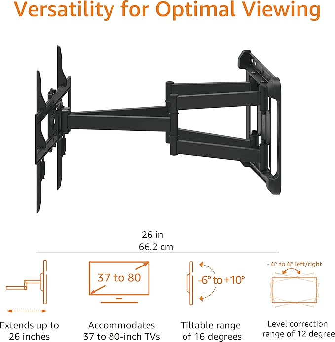Amazon Basics Heavy Duty Extension Dual Arm, Full Motion Articulating TV Mount for 37" to 80" TVs up to 132 lbs, Fits LED LCD OLED Flat Curved Screens, Black