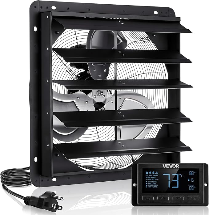 VEVOR 20 inch Shutter Exhaust Fan, Wall Mounted Attic Vent Fan with Smart Programming Variable Speed Temperature Control, 2900 CFM,EC Motor,Timer, for Shed,Garage,Greenhouse Ventilation Cooling,Black