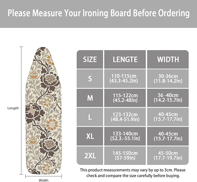 ZCFYGDX Elastic Ironing Board Covers Standard Size, William Morris Prints Ironing Board Straps/Cover and Fastener 15x48 Inch, Strongly Breathable and Doesn't Retain Moisture, Easy Installation