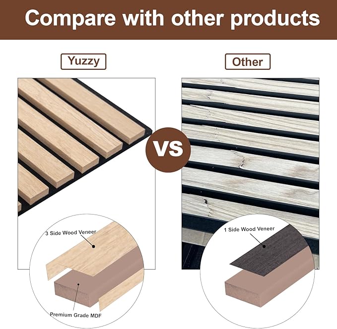 Yuzzy Wood Panels for Wall and Ceiling - 108 x 11 Inch Wood Slat Acoustic Panels 4 PCS - Modern Sound Absorbing Wall Panels for Interior Wall Decor for Home, Office, Studio - Rustic Oak