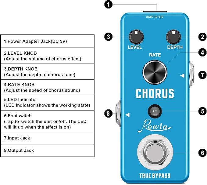 Rowin Analog Chorus Pedal for Electric Guitar Bass True Bypass LE-304