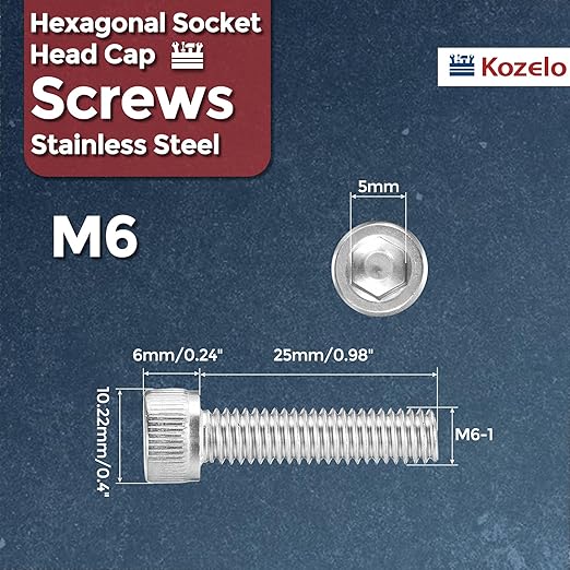 Kozelo 20pcs Socket Head Cap Screws - [M6-1 x 25mm] 304 Stainless Steel Allen Socket Drive for Electrical Motor 3D Printing Fan Engine Replacement Use, Silver