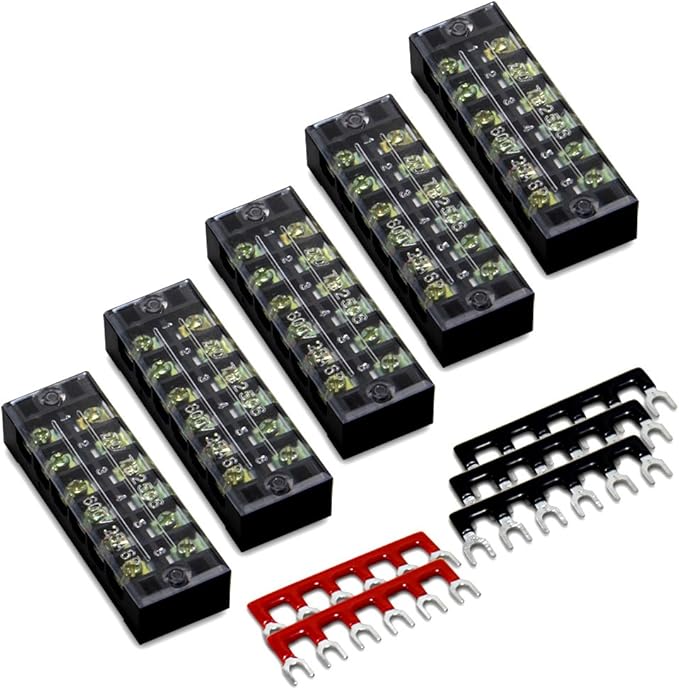 MILAPEAK 10pcs (5 Sets) 6 Positions Dual Row 600V 25A Screw Terminal Strip Blocks with Cover + 400V 25A 6 Positions Pre-Insulated Terminals Barrier Strip (Black & Red)