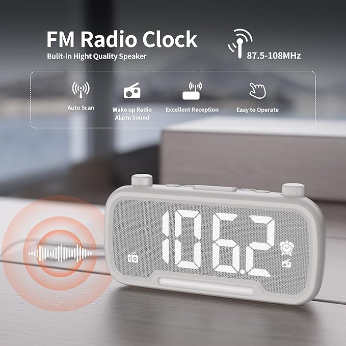 Alarm Clock Radio for Bedrooms, Hi-Fi Sound, Clock Radio with Bluetooth Speaker, Adjustable Dimmer, Auto-off Timer, Night Light, Dual Charging Ports, Ideal for Bedrooms, Dorms & Home Offices(White)