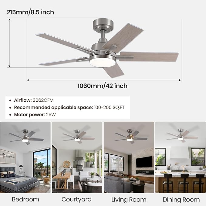 SODSEA Ceiling Fans with Lights, 42 Inch Nickel Ceiling Fan with Light and Remote Control, Reversible, 3CCT, Dimmable, Noiseless, Small Ceiling Fan for Bedroom, Indoor/Outdoor Use